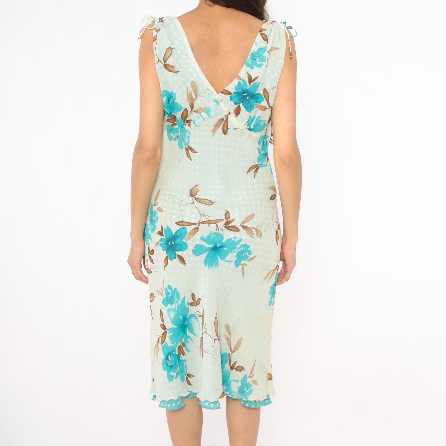 Y2K Reversible Floral Polka Dot Chiffon Dress Turquoise Cream V Neck Tie Shoulder Midi Medium M