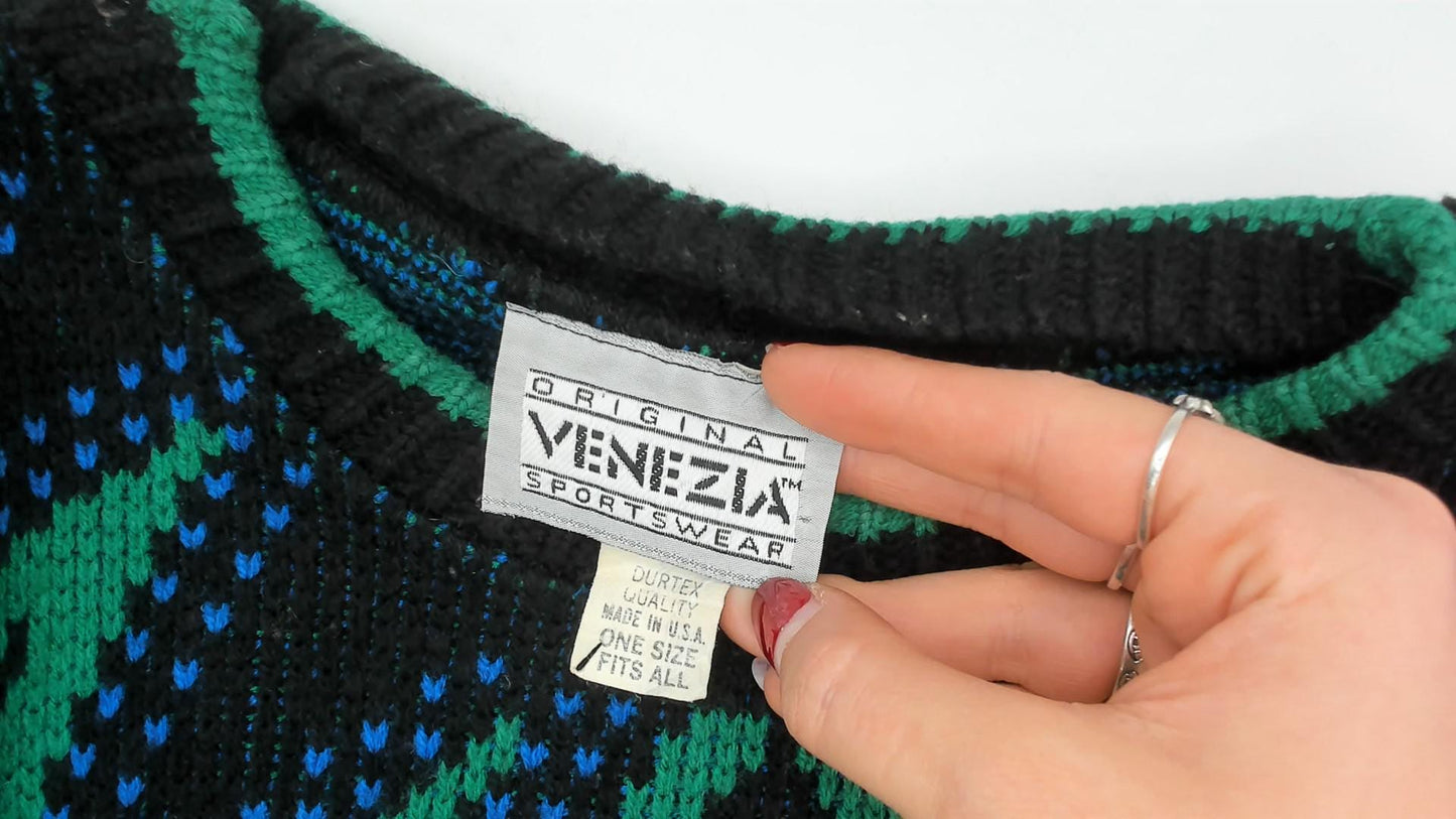 90s Venezia Geometric Jacquard Knit Sweater Green Pink Blue Crewneck XL