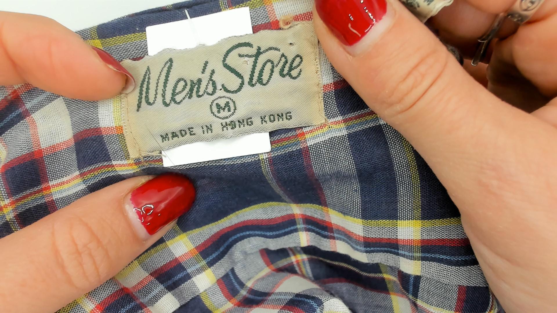 80s Men's Store Plaid Flannel Shirt Navy Blue Red Check Button Front Medium