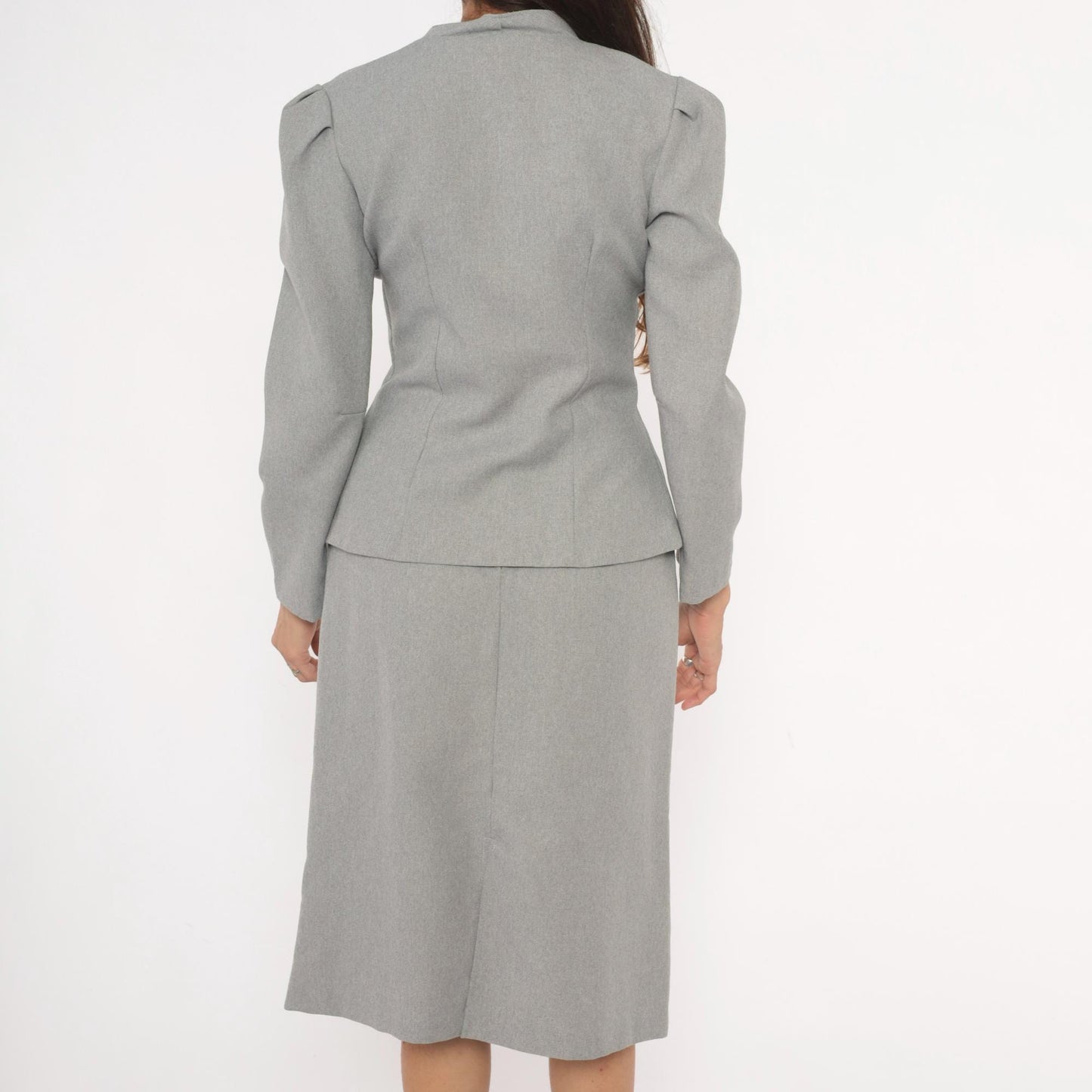 80s Grey Peplum Blazer & Pencil Skirt Suit V-Neck Puff Shoulder Two Piece Extra Small XS