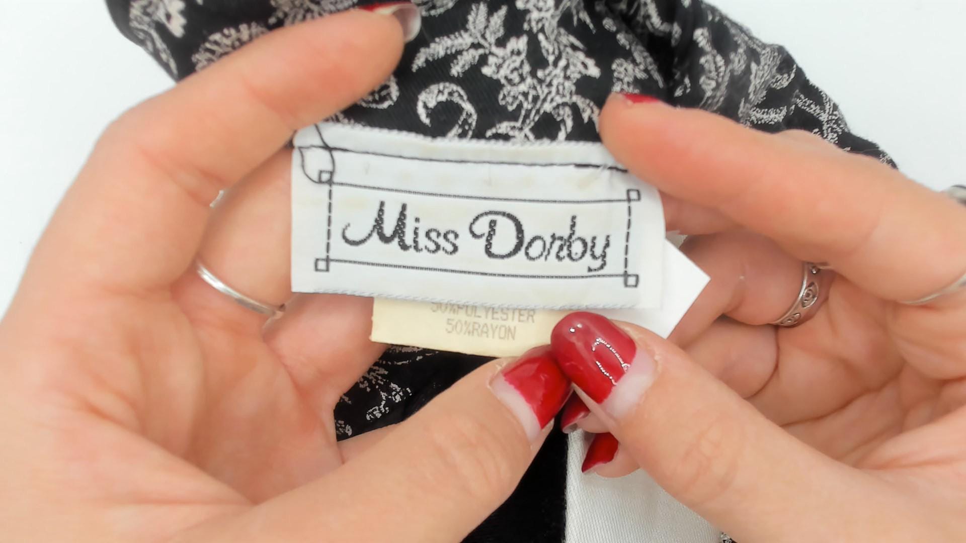 90s Miss Dorby Peplum Dress Black White Scroll Print V-Neck Puff Sleeve Large L