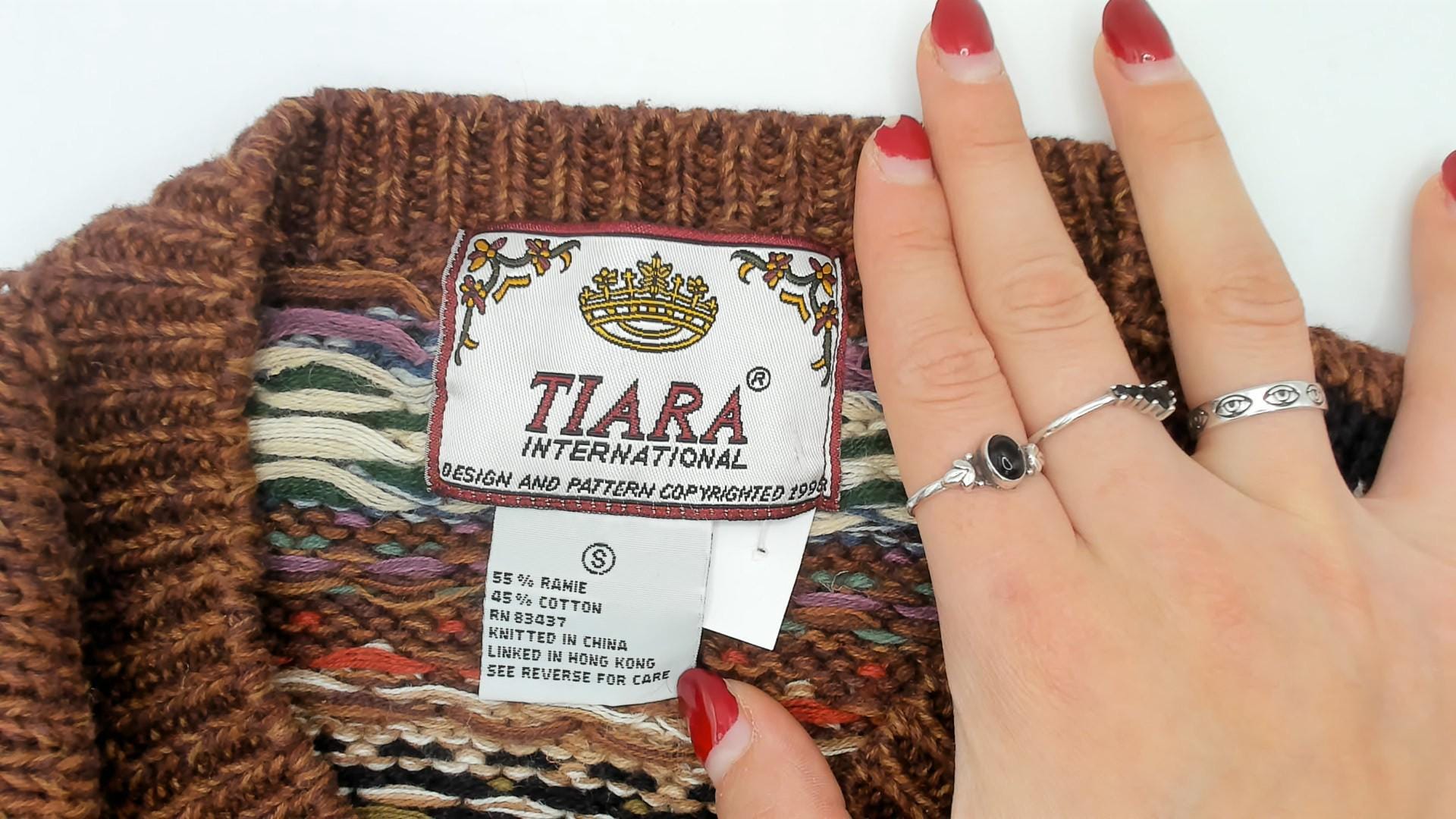 90s Tiara International Patchwork Cardigan Floral Fair Isle Knit Brown Small