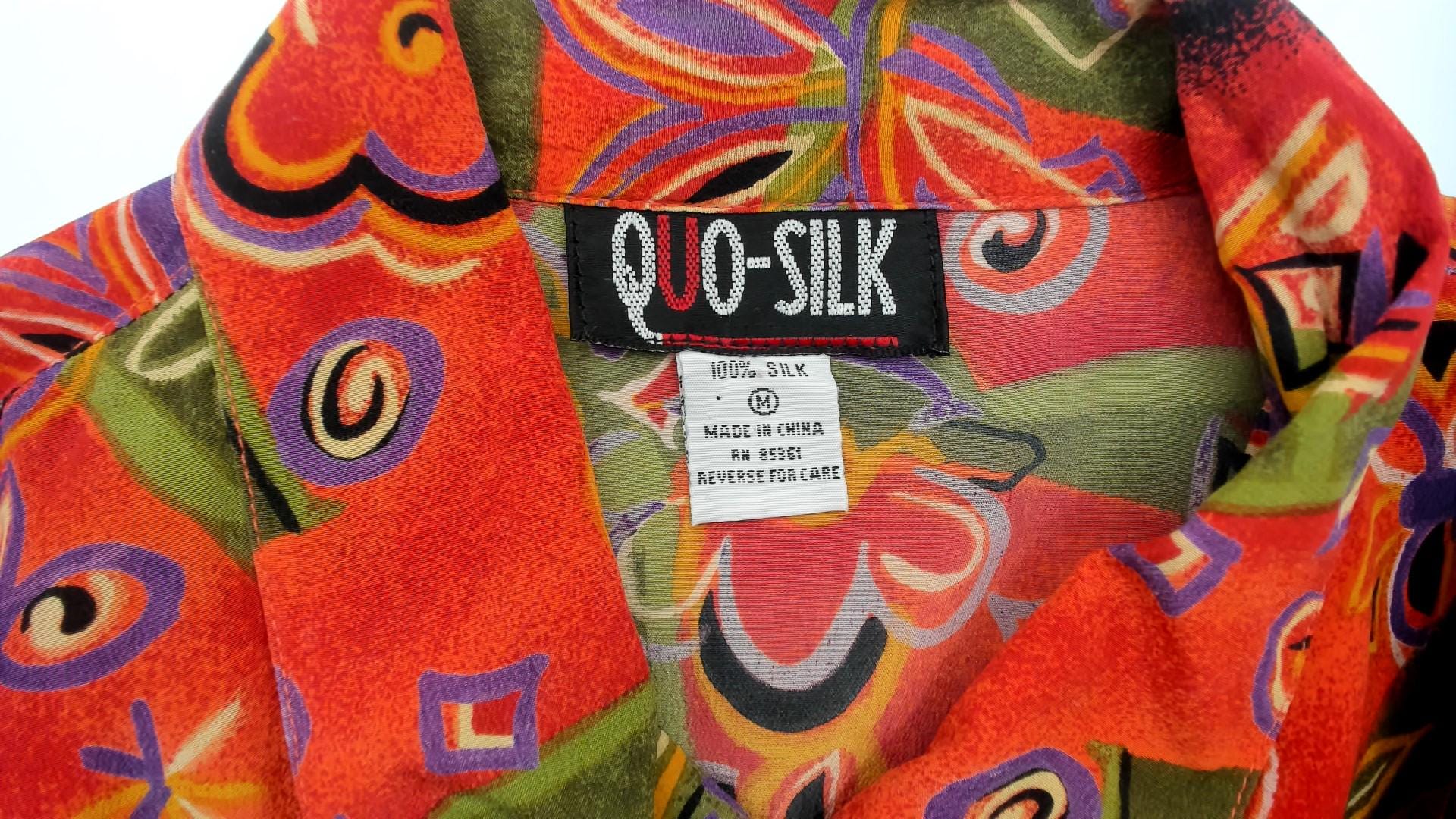 90s Quo-Silk Abstract Patchwork Silk Shirt Orange Olive Purple Camp Collar Medium
