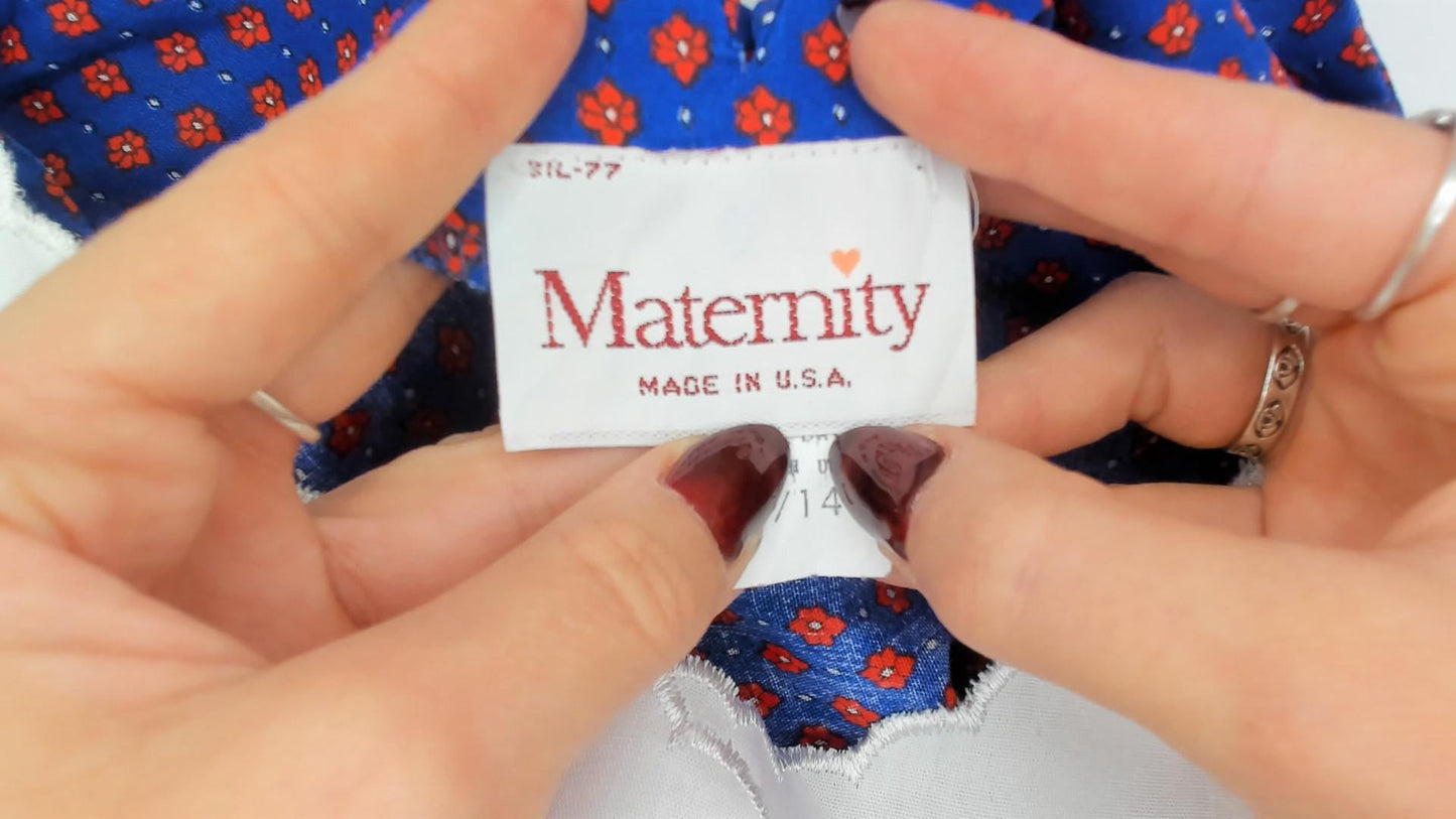80s Maternity Calico Floral Shift Dress Blue Red Puff Sleeve Bib Collar Medium M
