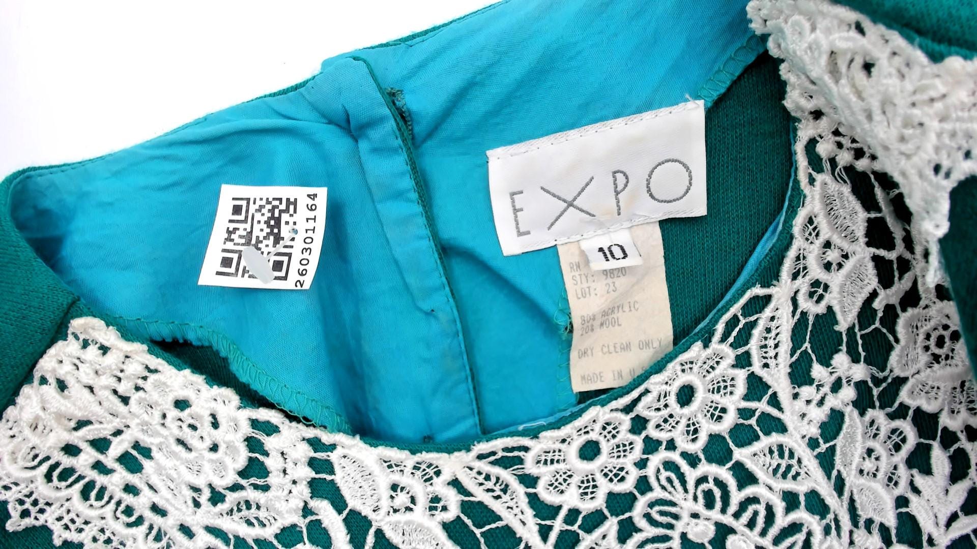 80s Expo Teal Midi Dress Lace Bib Puff Sleeve Fitted Bodice Medium M