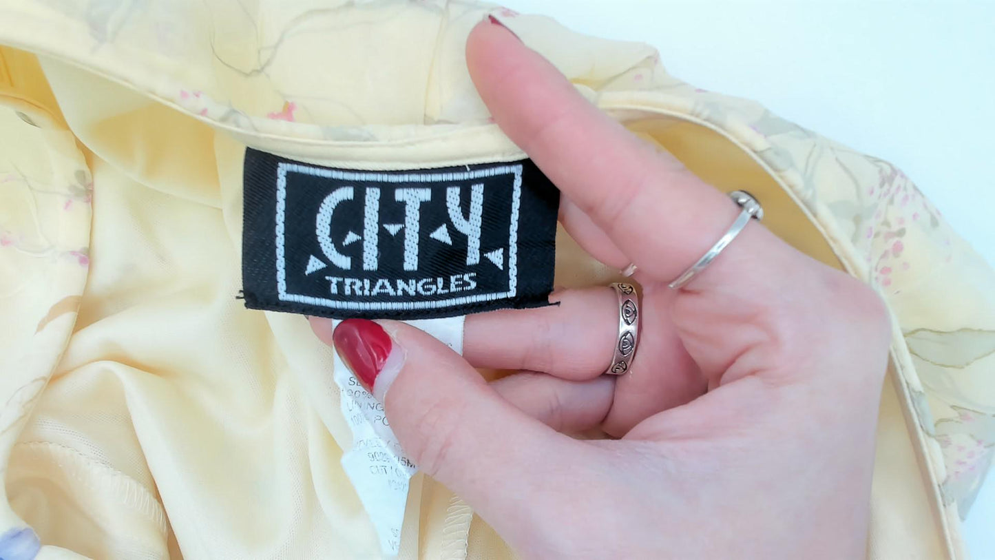 90s City Triangles Floral Chiffon A-Line Dress Yellow Lavender Small