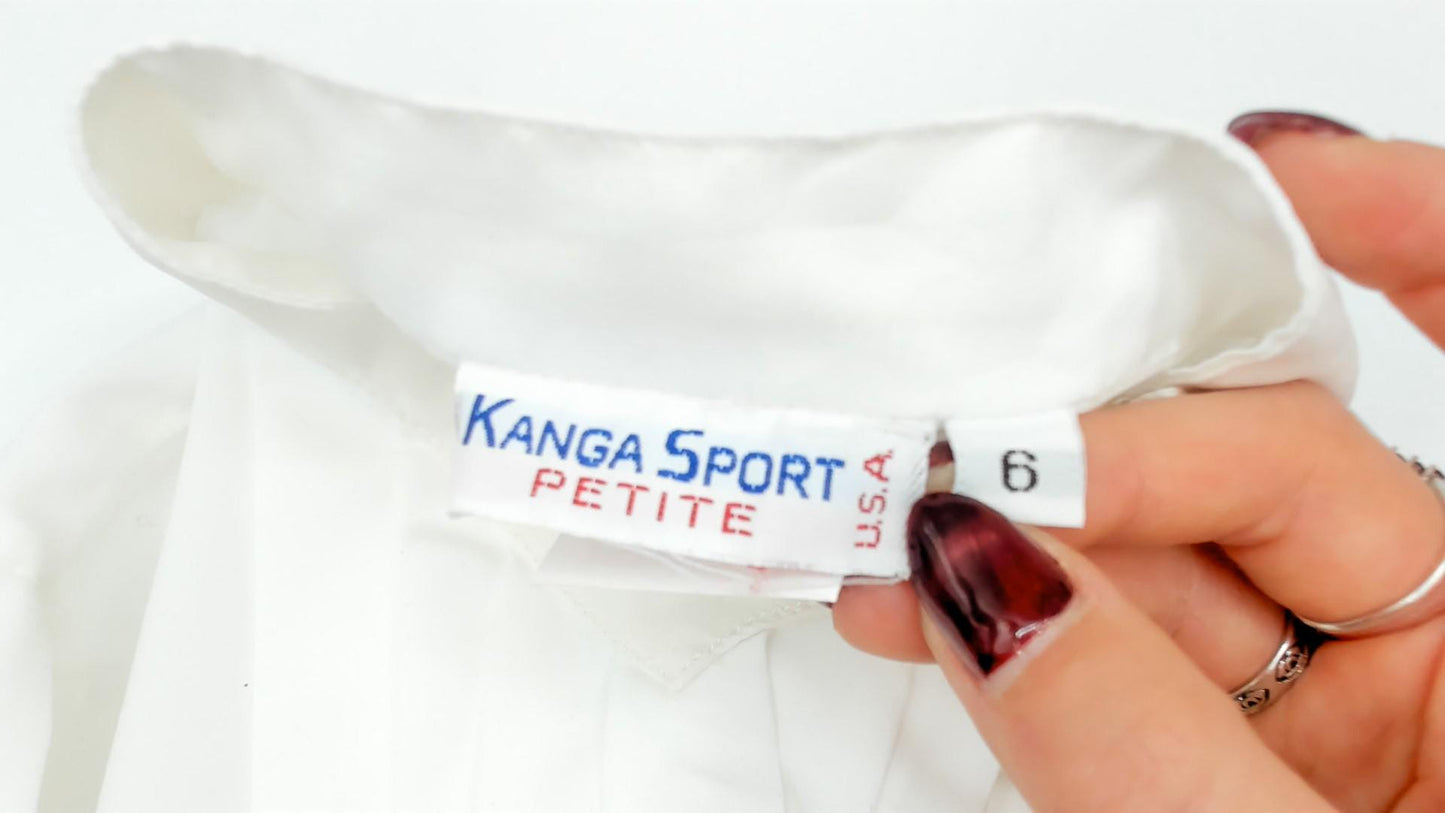 80s Kanga Sport White Pintuck Blouse Puff Sleeve High Collar Small S