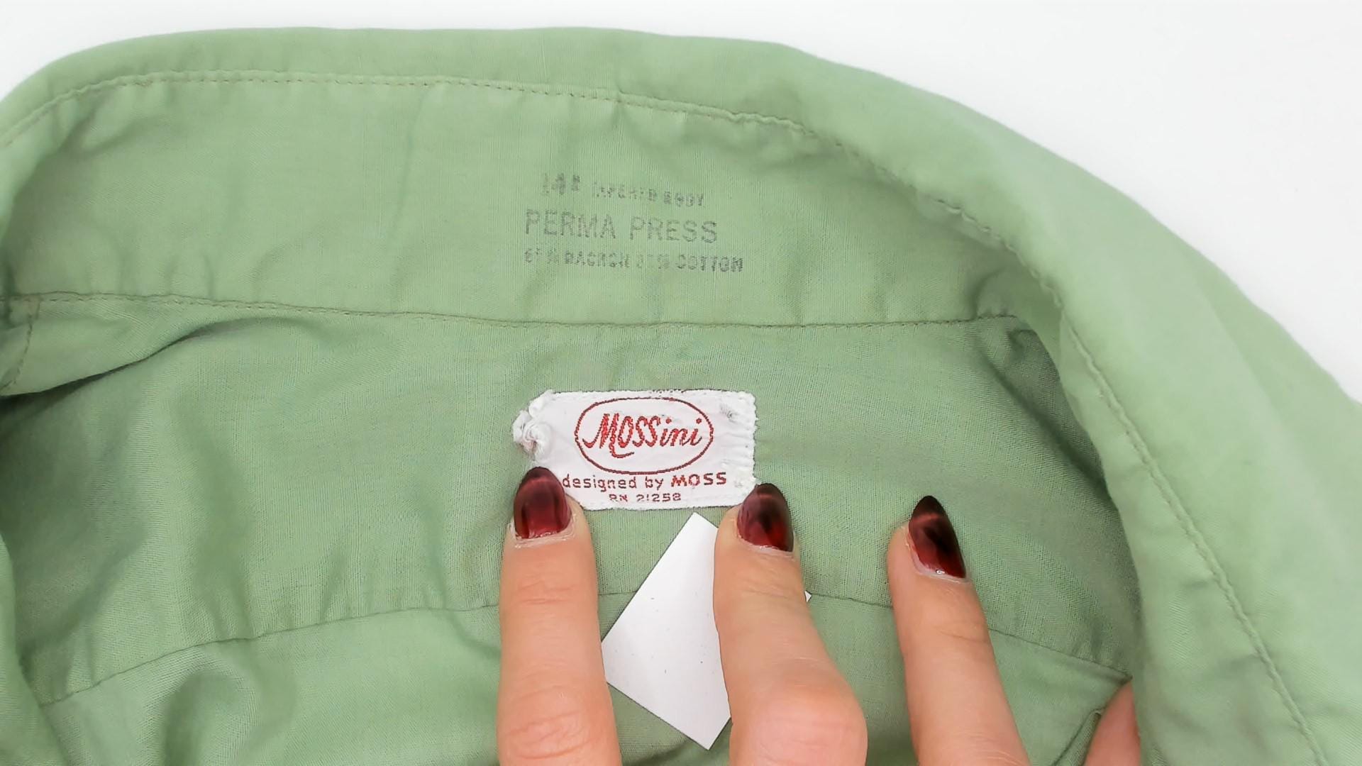 70s Mossini Sage Green Button Down Shirt Short Sleeve Pointed Collar Small