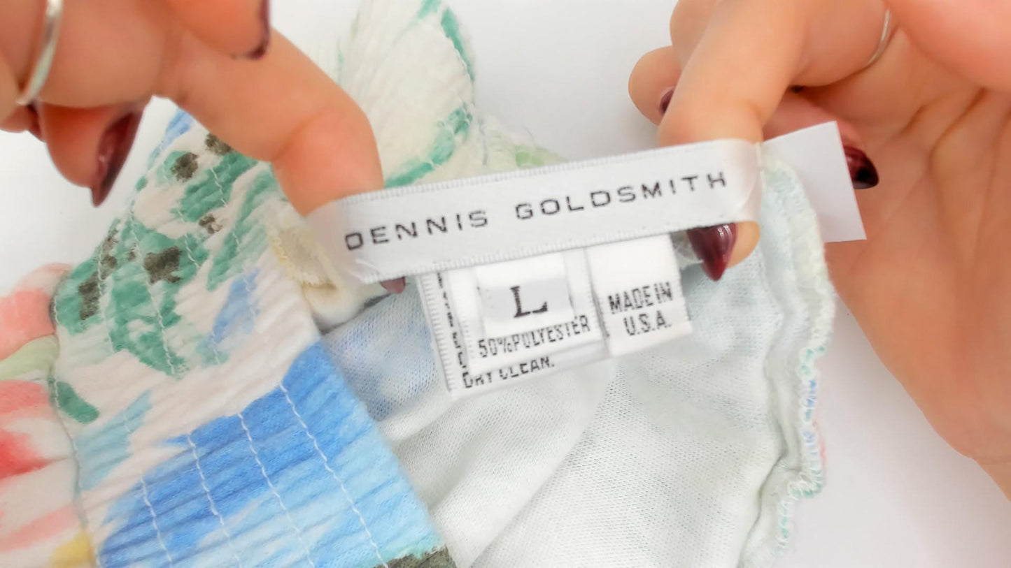 80s Dennis Goldsmith Floral Midi Skirt A-Line Pink Teal Green Medium