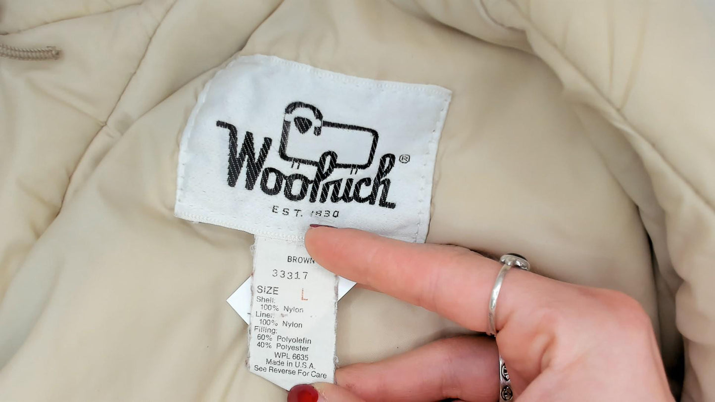 80s Woolrich Brown Hooded Parka Cargo Pockets Tan Quilted Lining Large