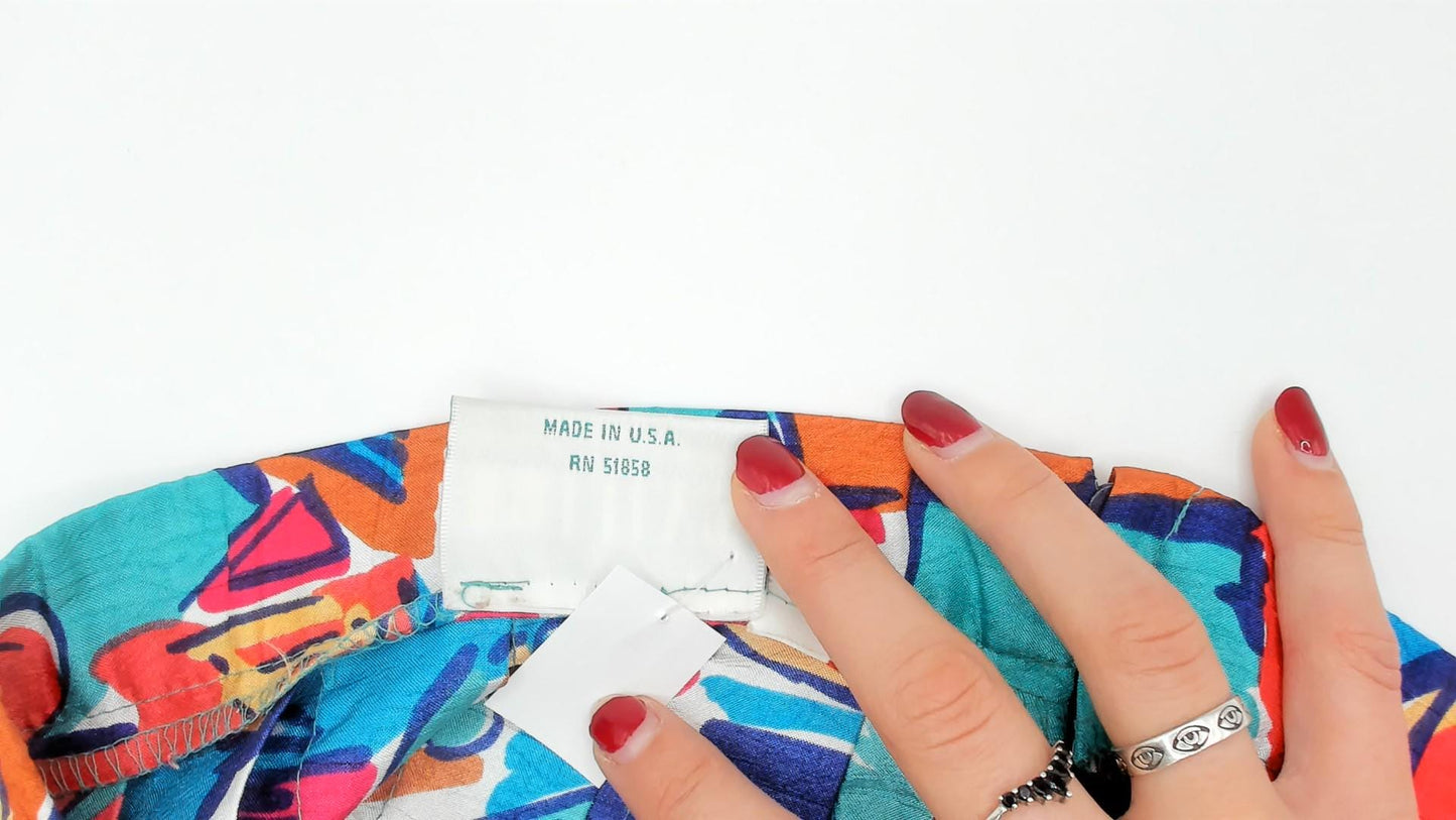 90s Lily's of Beverly Hills Pleated Mini Skirt Abstract Geometric Print Pink Teal Medium