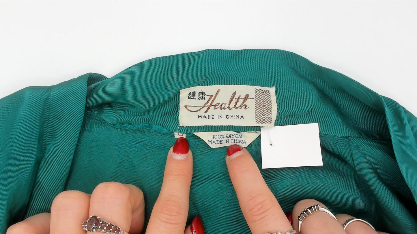 80s Health Silk Kimono Robe Emerald Embroidered Landscape Ankle Length Large L