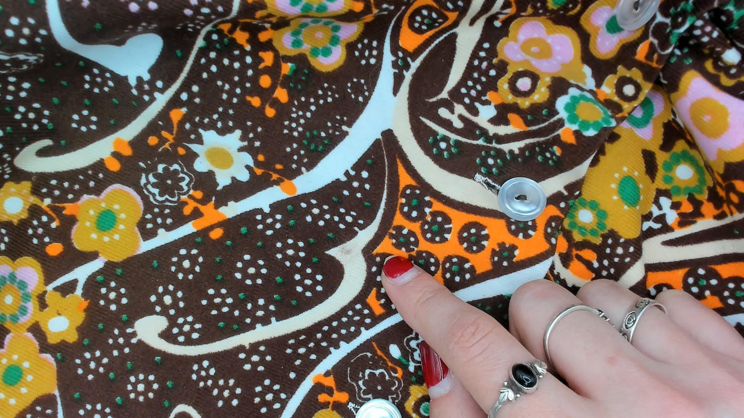 70s Psychedelic Paisley Sleeveless Blouse Brown Orange Floral Swirl Medium M