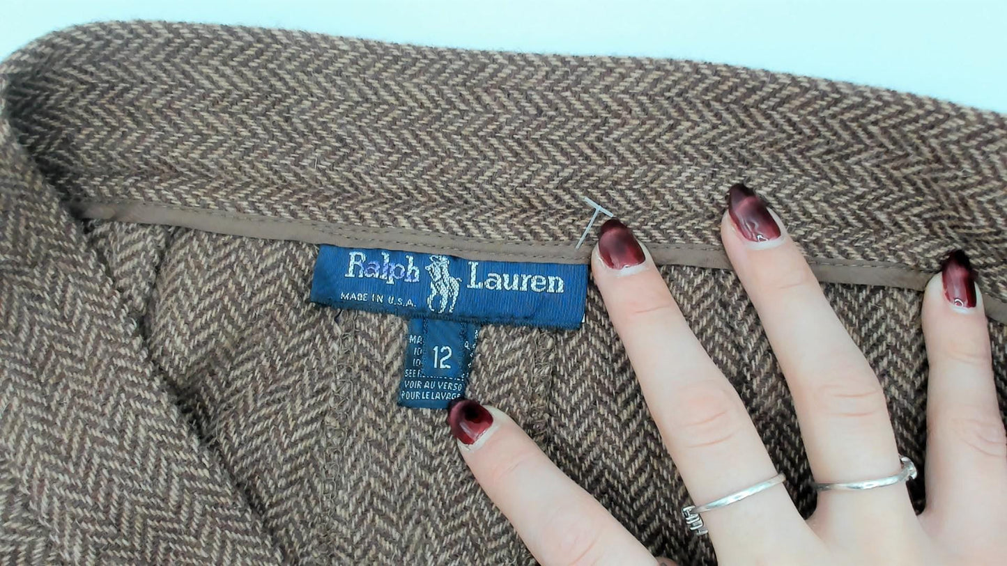 Ralph Lauren Wool Herringbone Trousers 90s Brown Pleated High Waist Large L