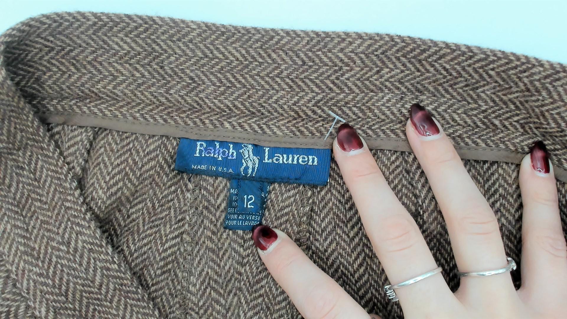 Ralph Lauren Wool Herringbone Trousers 90s Brown Pleated High Waist Large L