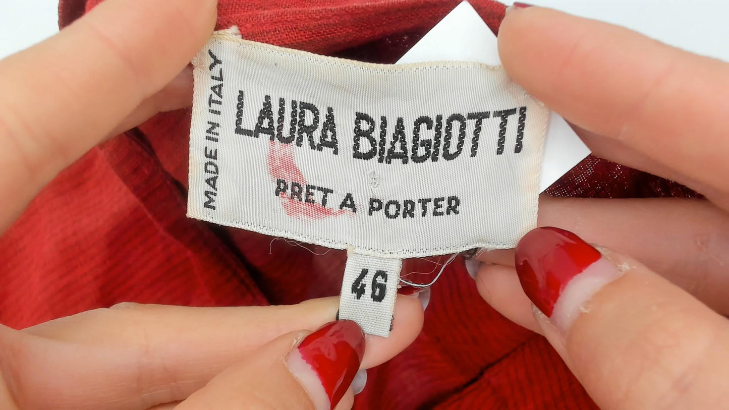 90s Laura Biagiotti Red Linen Dress V Neck Cap Sleeve Drop Waist Medium