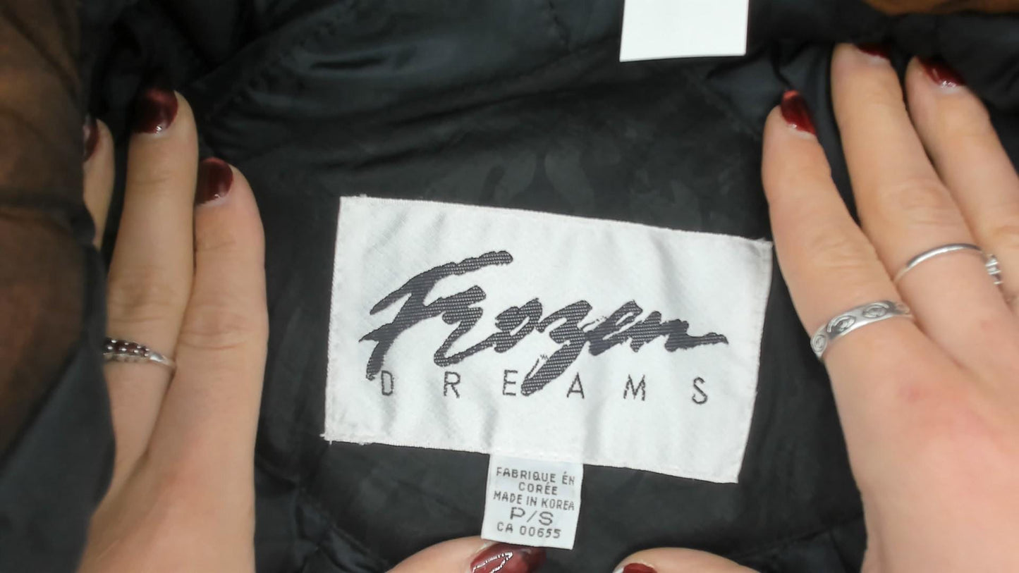 90s Frozen Dreams Velvet Patchwork Puffer Jacket Black Burgundy Extra Small
