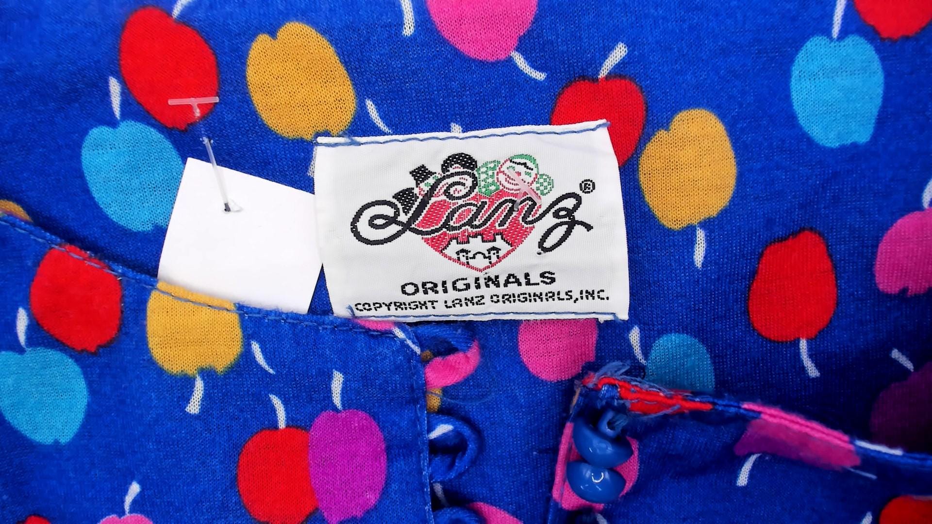 80s Lanz Originals Apple Print Babydoll Dress Blue Puff Sleeve Mini Small S