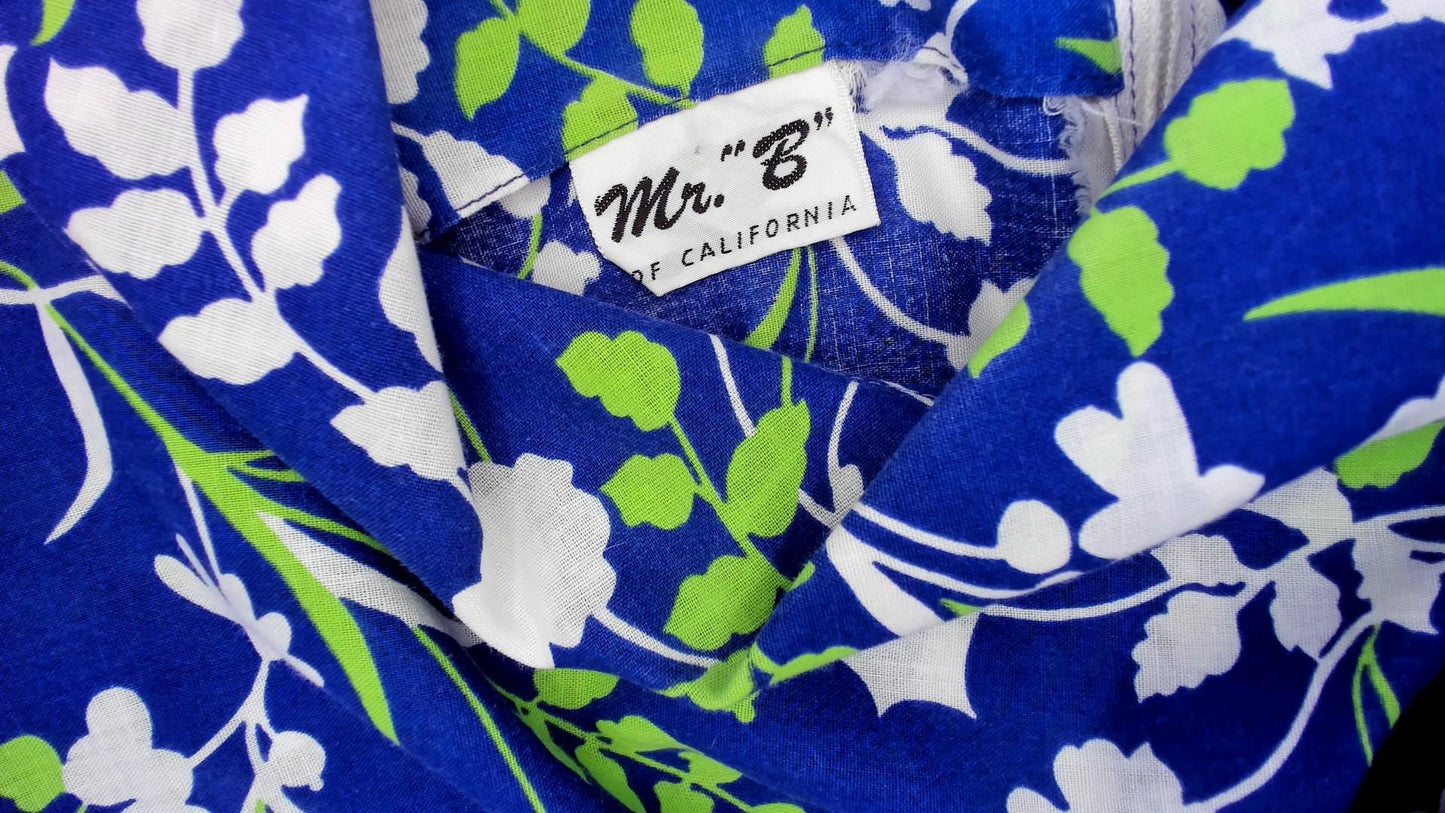 80s Mr. B California Blue Floral Shift Dress Cowl Neck Knee-Length Medium
