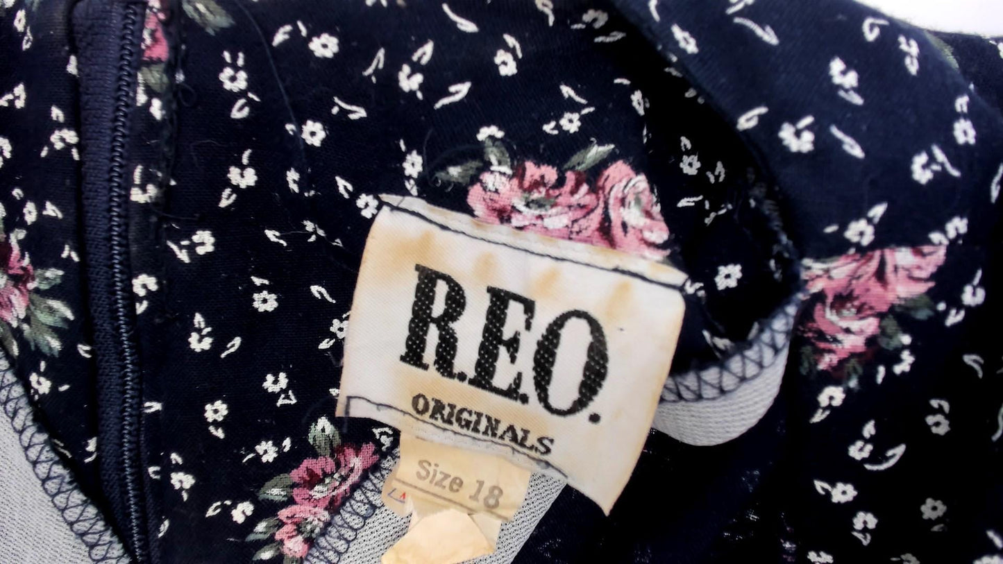 90s Navy Floral Midi Dress Pink Rose Print Deep V Neck Short Sleeve XL