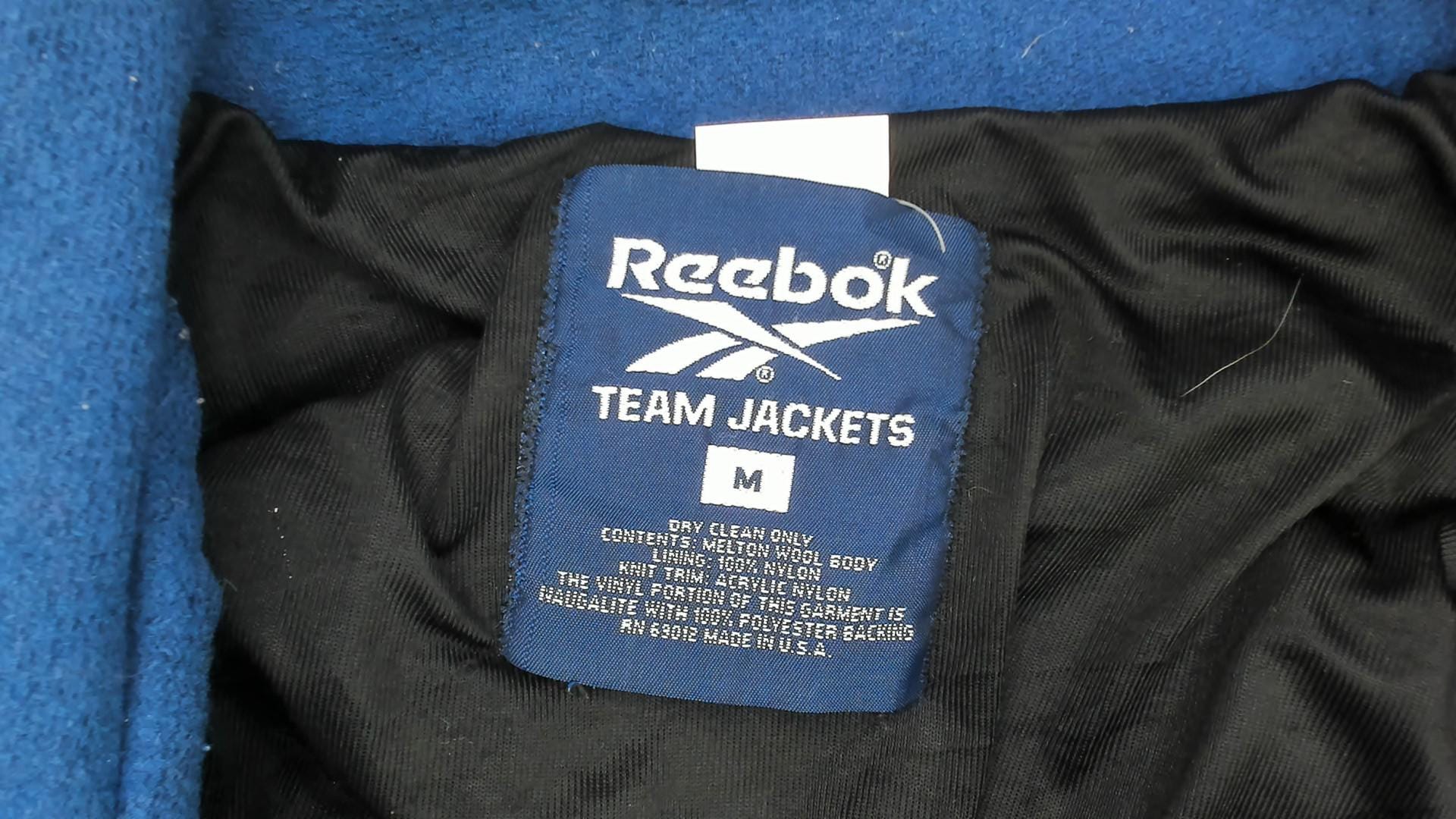 90s Reebok Varsity Jacket Wool Leather Letterman Blue Navy White Medium M