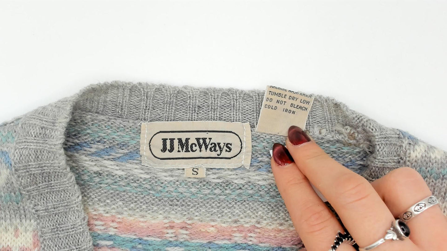 80s JJ McWays Fair Isle Sweater Vest Wool Blend Grey Pink Blue Small