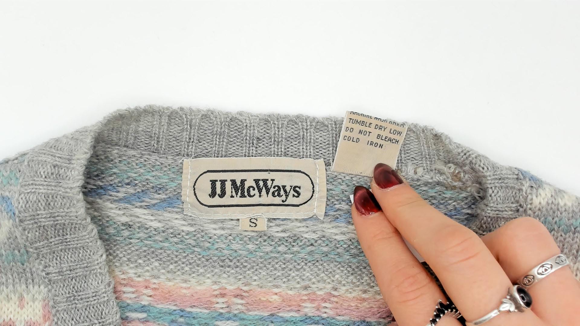 80s JJ McWays Fair Isle Sweater Vest Wool Blend Grey Pink Blue Small