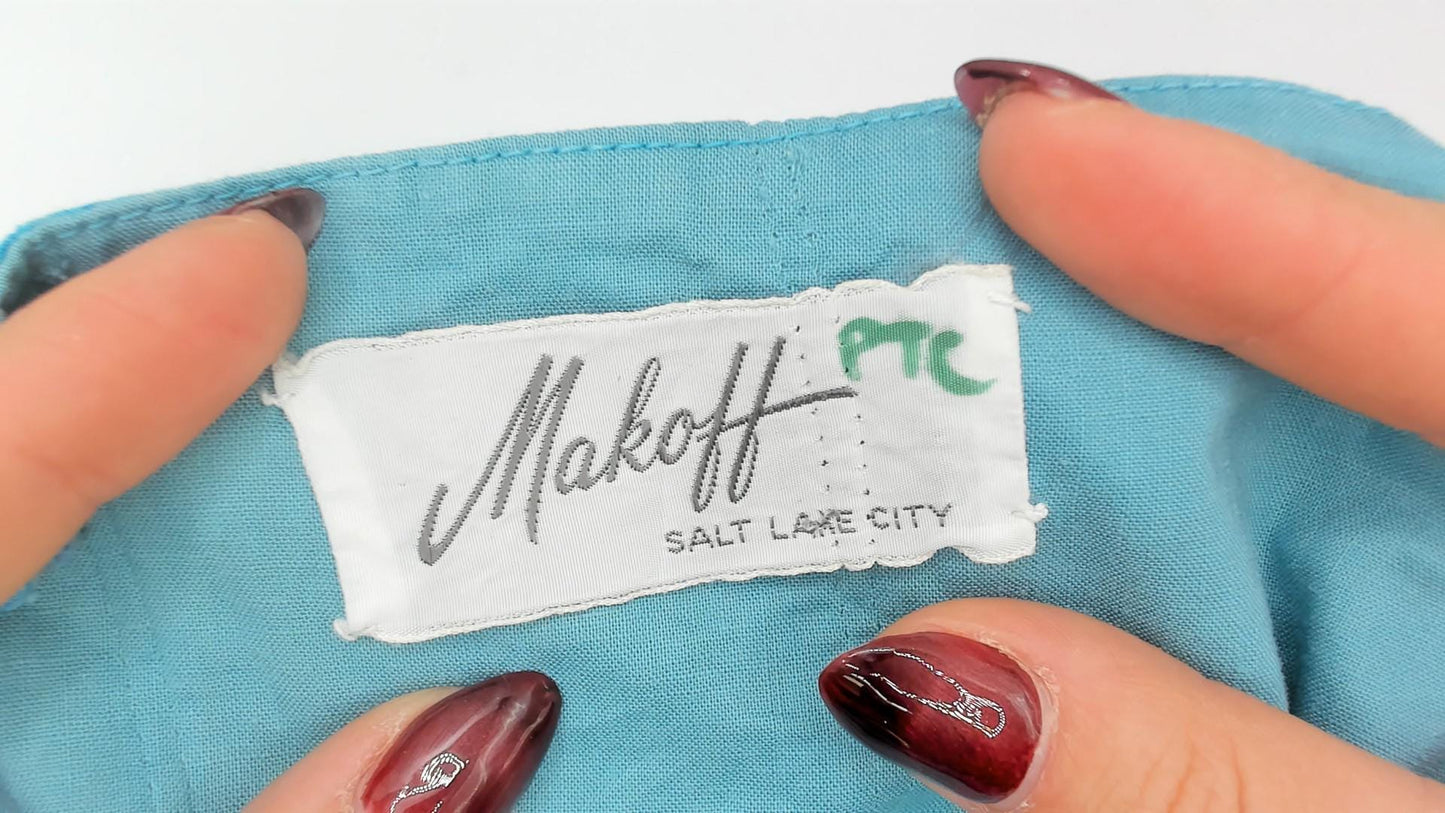 1950s Makoff Halter Dress Turquoise Floral Rhinestone Pleated Circle Skirt Extra Small XS