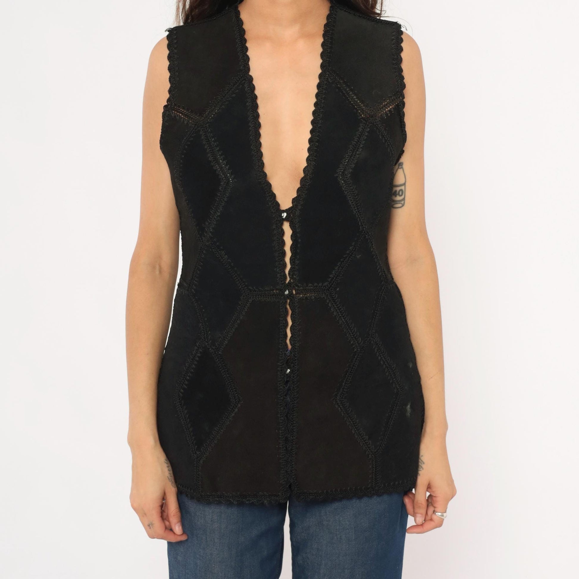 90s Reversible Black Suede Lace Vest Floral Crochet Trim Medium M