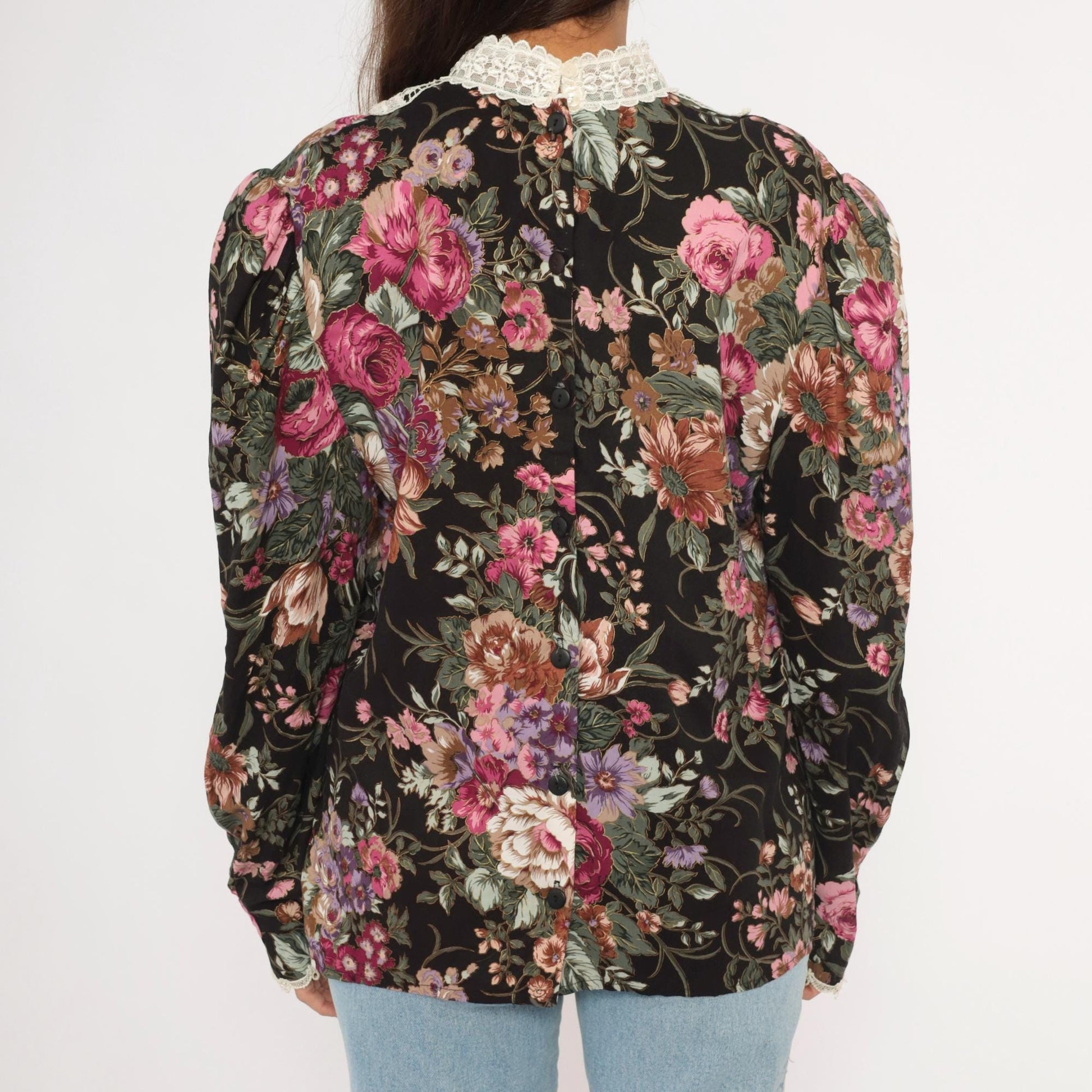 90s Scott McClintock Black Floral Blouse Lace Bib Puff Sleeve Extra Large XL
