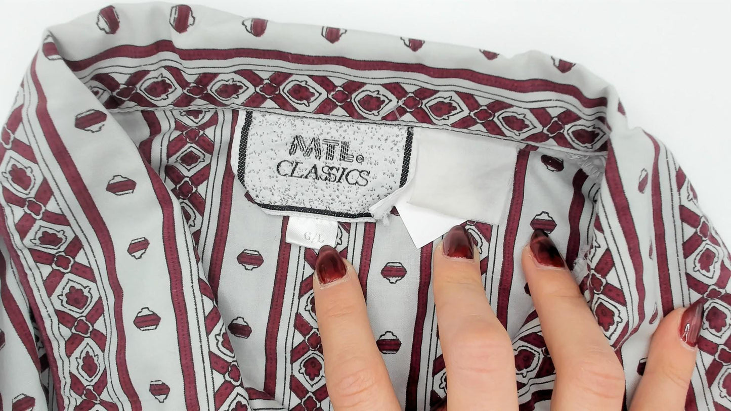 80s MTL Classics Pajama Shirt Geometric Stripe Burgundy Grey Notched Collar Large