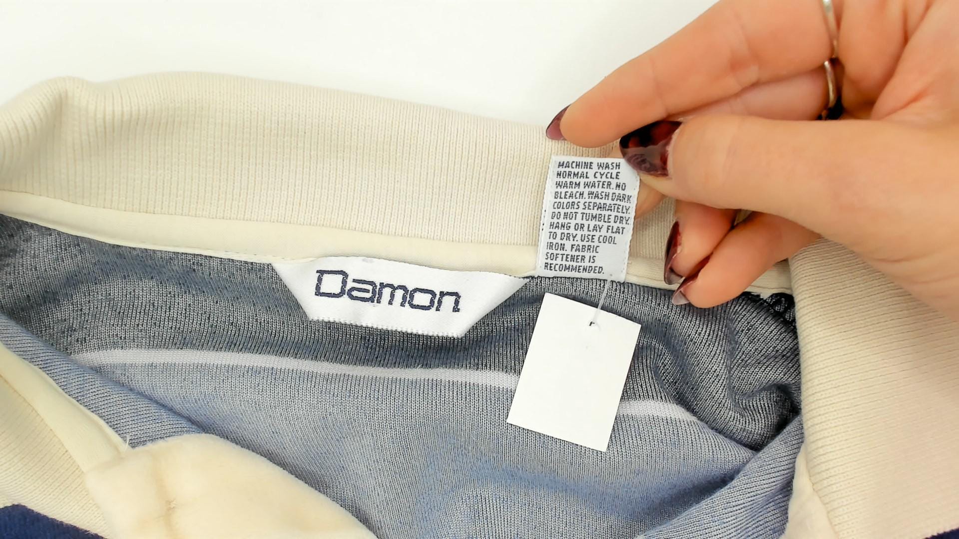 80s Damon Striped Velour Rugby Polo Cream Navy Collared Pullover Medium