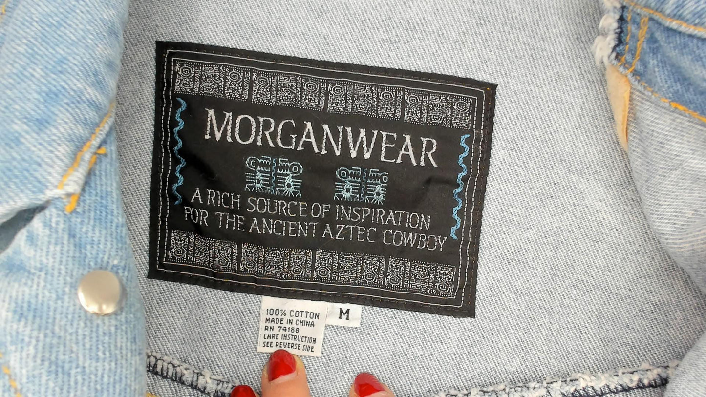 90s Morganwear Denim Jacket Suede Fringe Light Wash Lace-Up Back Medium M