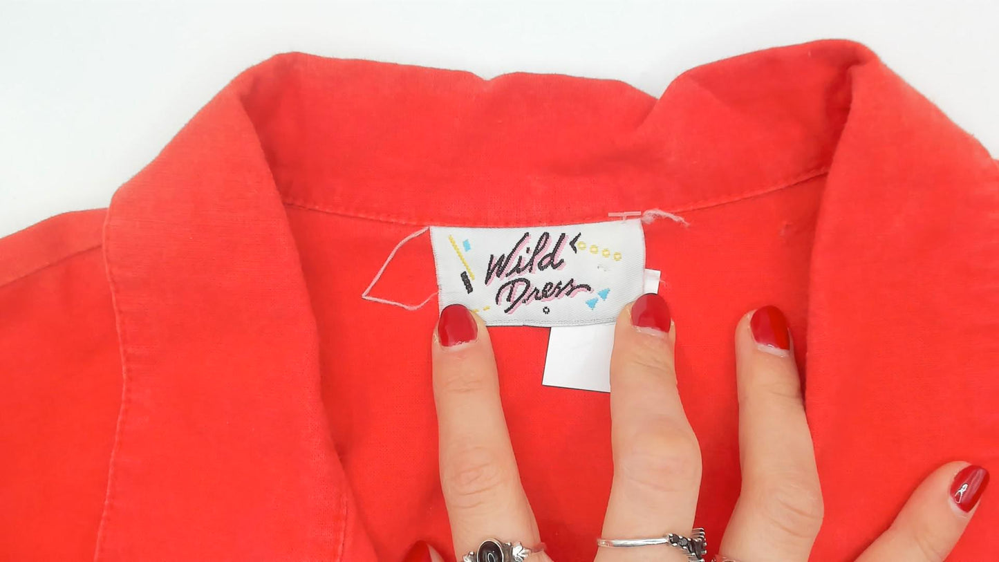 90s Wild Dress Red Cotton Shirtdress Drop Waist Gathered Skirt Medium M
