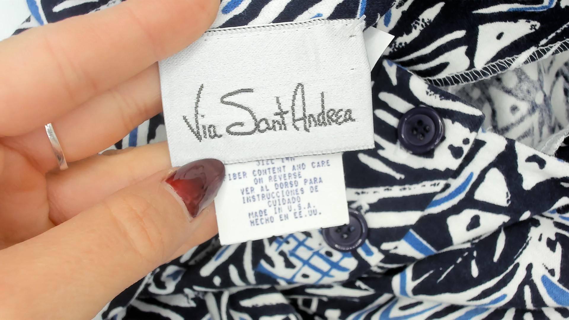 90s Via Sant Andrea Navy Floral Midi Dress Cotton Henley Button Short Sleeve Large L