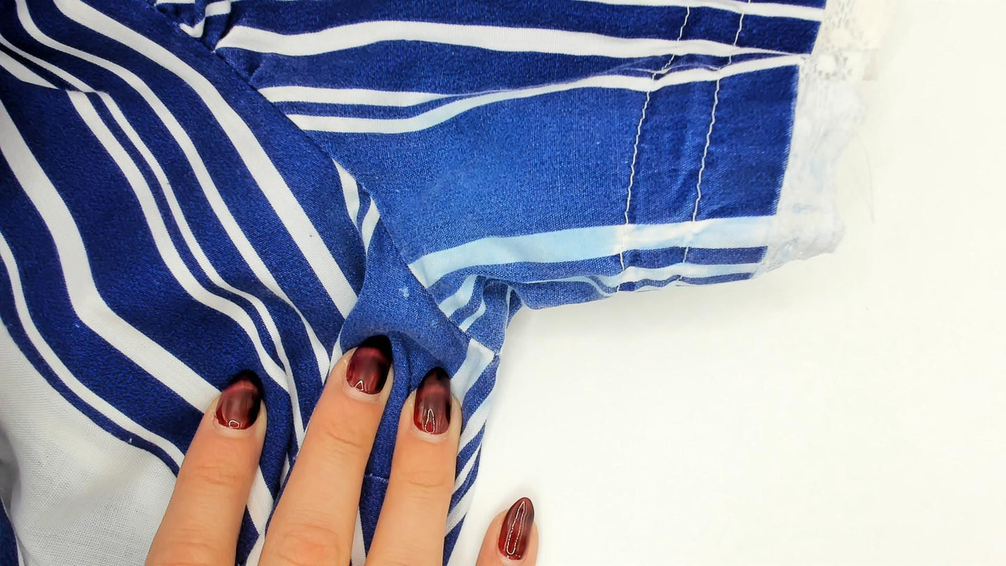 70s Striped Puff Sleeve Mini Dress Blue White Cotton Gathered Skirt Small S