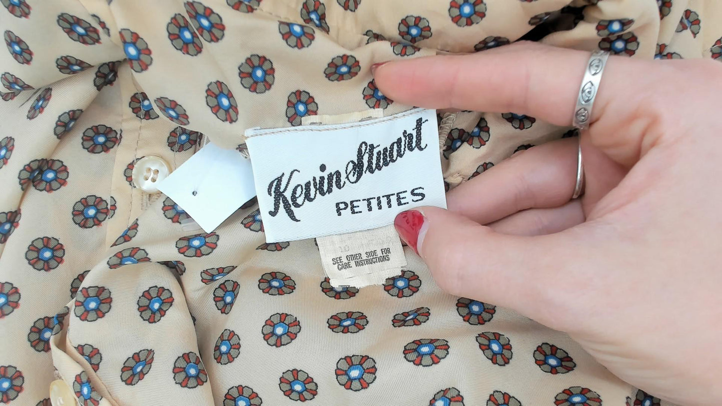 80s Kevin Stuart Petites Medallion Floral Shirtdress Tan Medium M