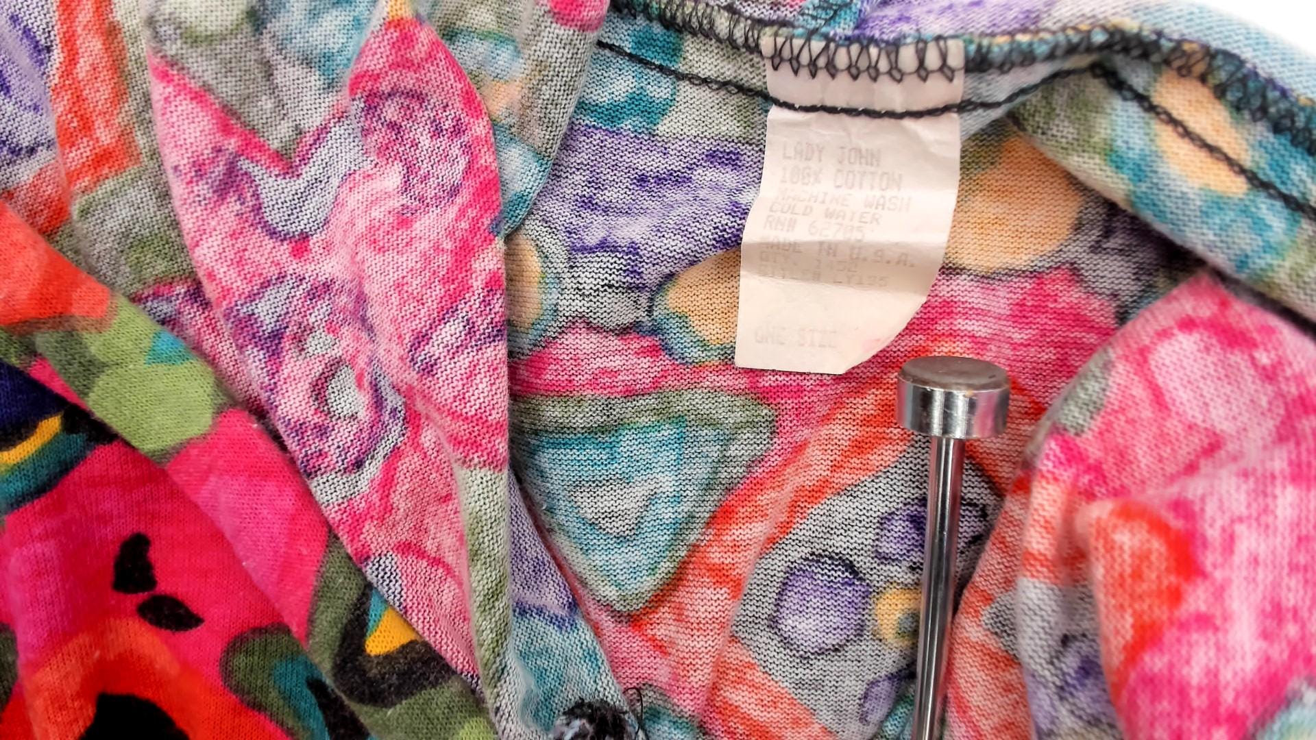 90s Lady John Tribal Hoodie Pink Teal Purple Geometric Floral Pullover One Size