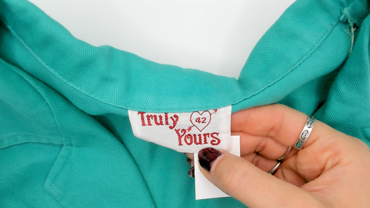70s Truly Yours Teal Shift Dress Cap Sleeve Mini Cotton Aqua Large XL