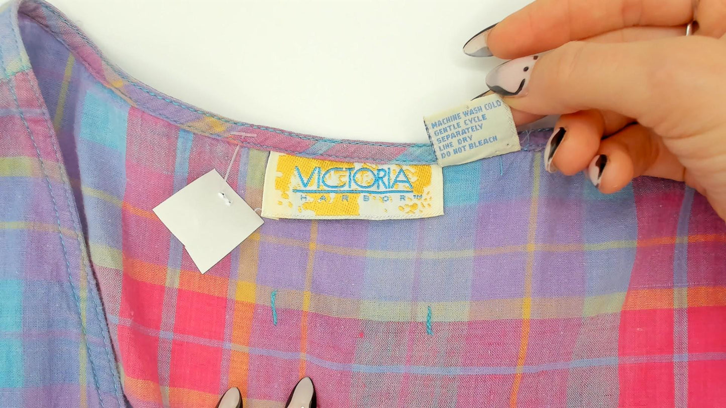 90s Victoria Plaid Cotton Midi Sundress Purple Pink Blue Large L