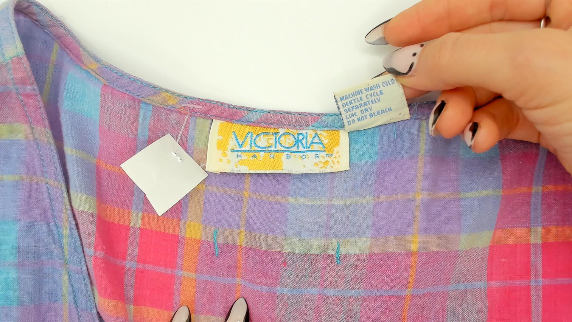 90s Victoria Plaid Cotton Midi Sundress Purple Pink Blue Large L