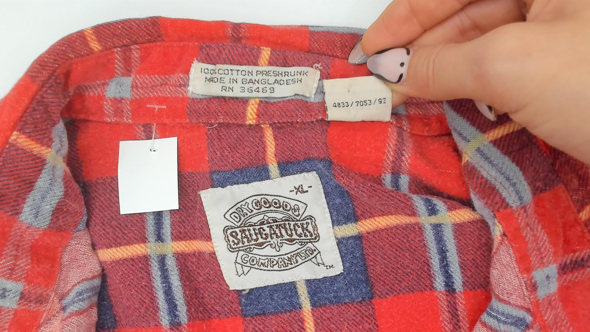 90s Saugatuck Red Navy Plaid Flannel Shirt Cotton Point Collar Extra Large XL