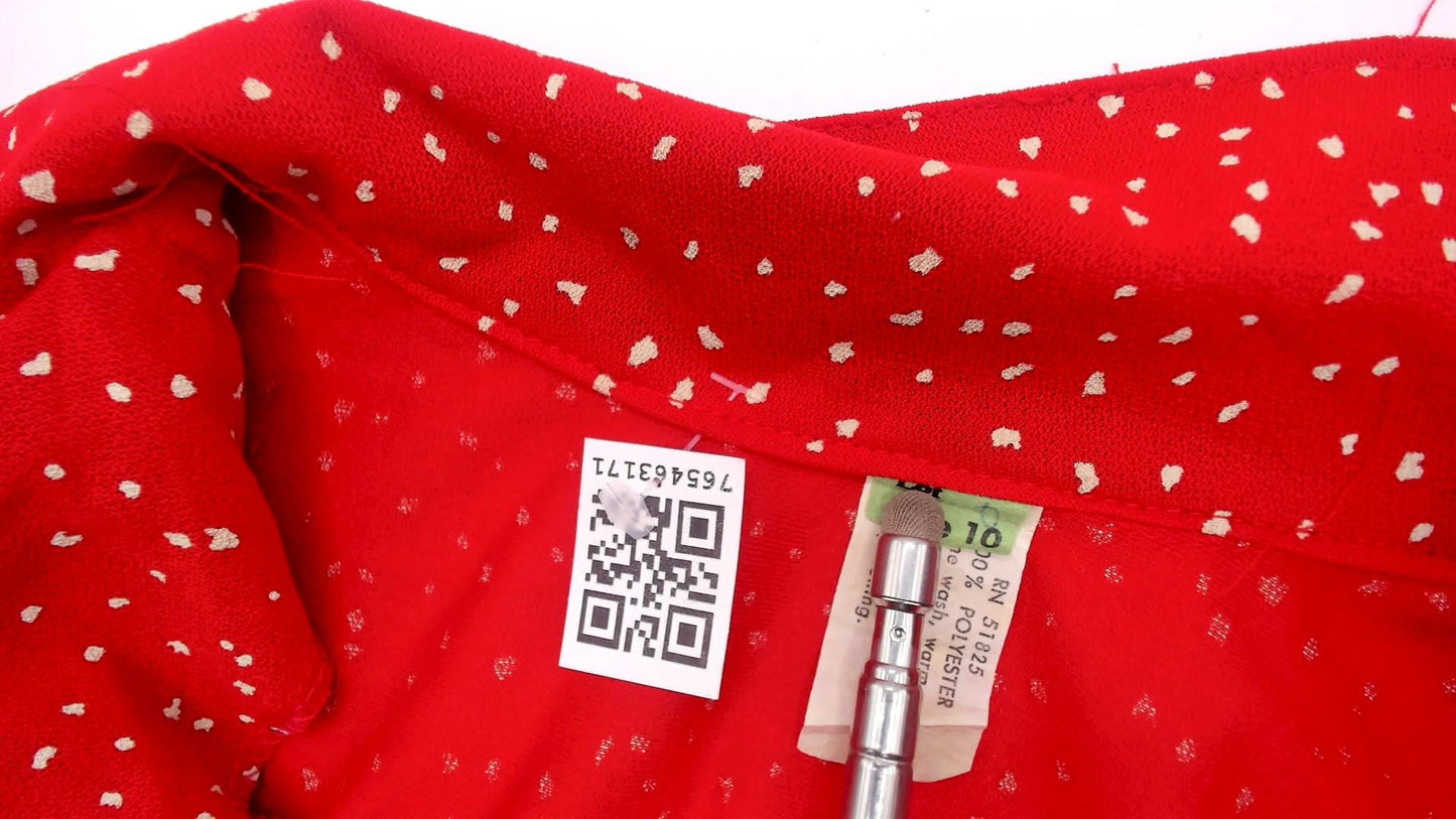 80s Red Speckled Dot Shirtdress White Print Puff Sleeve Knee Length Small