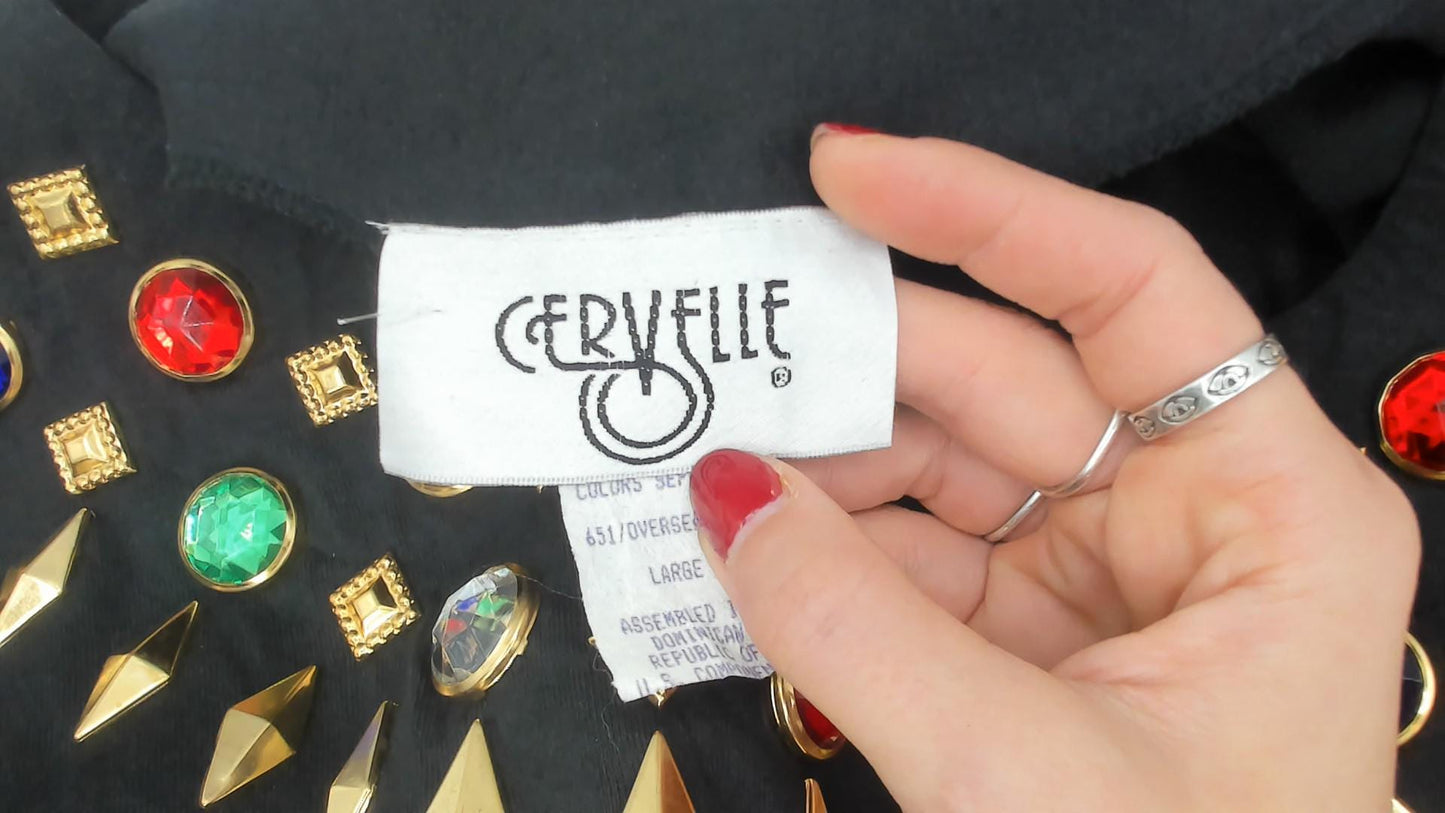 90s Cervelle Black Knee-Length Dress Rhinestone Jeweled Neckline Cotton Large L