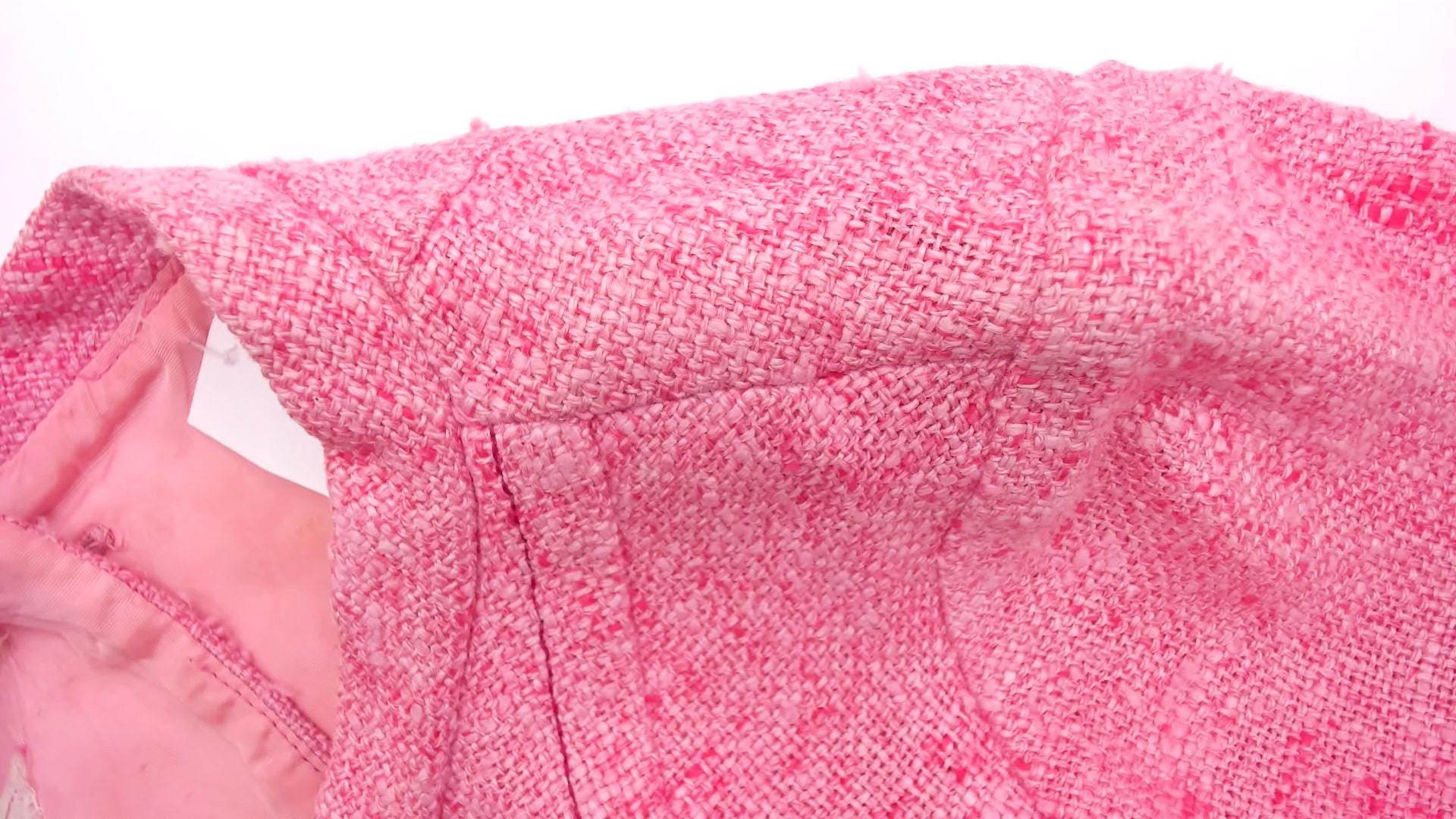 60s Pink Tweed Blouse Scoop Neck Bow Detail Fitted Waist Cotton Small