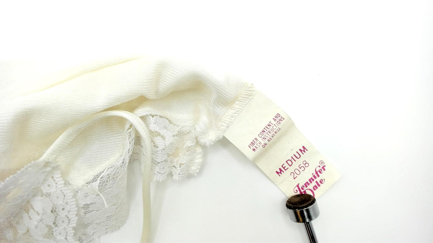 70s Jennifer Dale White Satin Teddy Romper Lace Trim Crossover Medium M