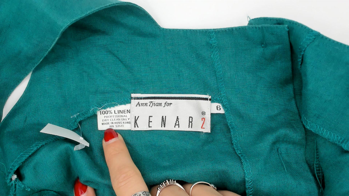 80s Kenar 2 Teal Linen Midi Dress Surplice V-Neck Sleeveless Small S