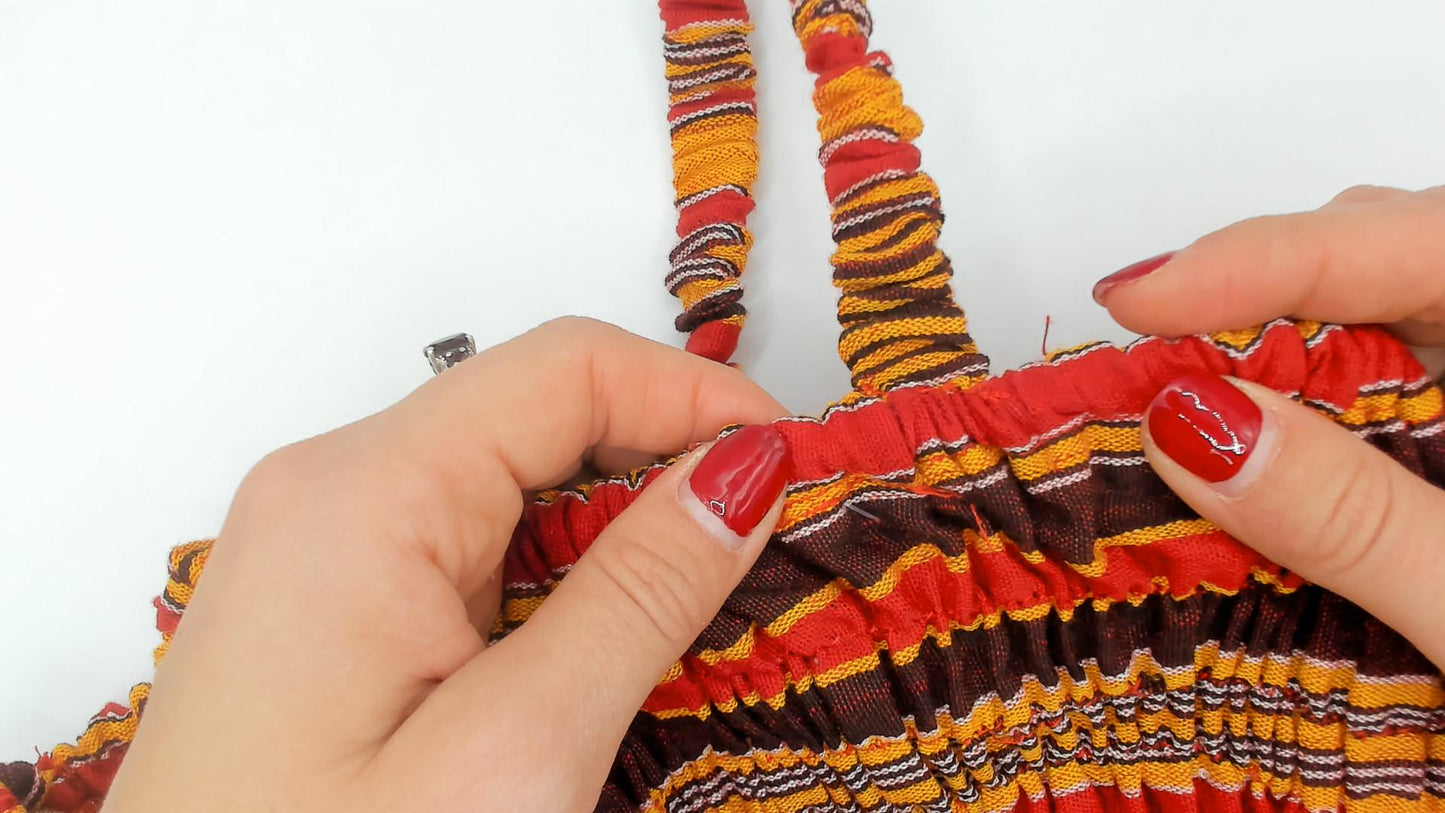 90s Striped Smocked Sundress Red Gold Fringe Hem Cotton Small