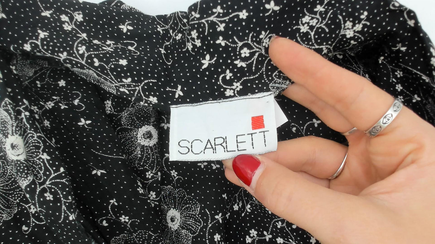 90s Scarlett Black Floral Maxi Dress White Dotted Short Sleeve Collared Large L