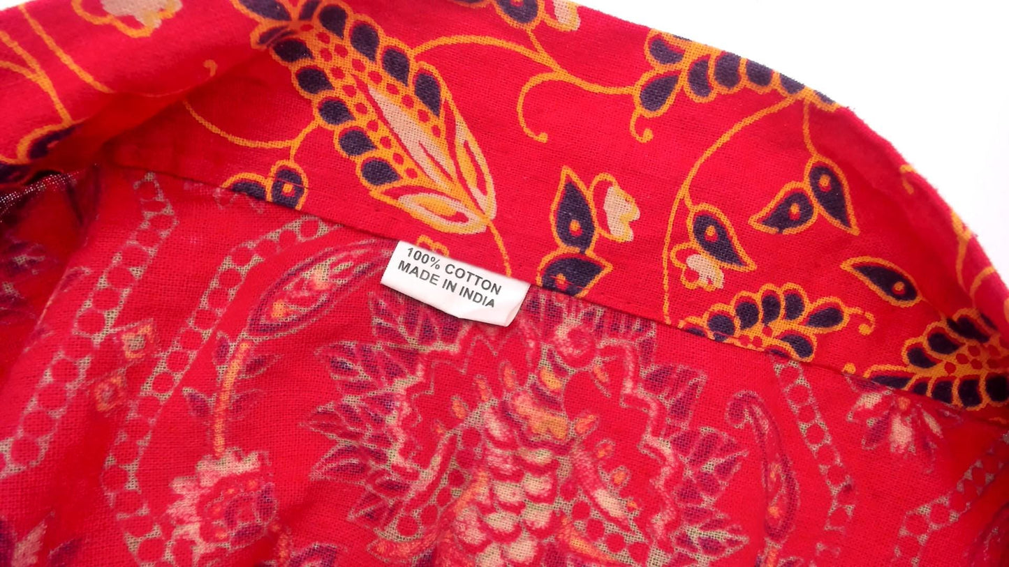 90s Indian Block Print Cotton Wrap Skirt Red Elephant Floral Small
